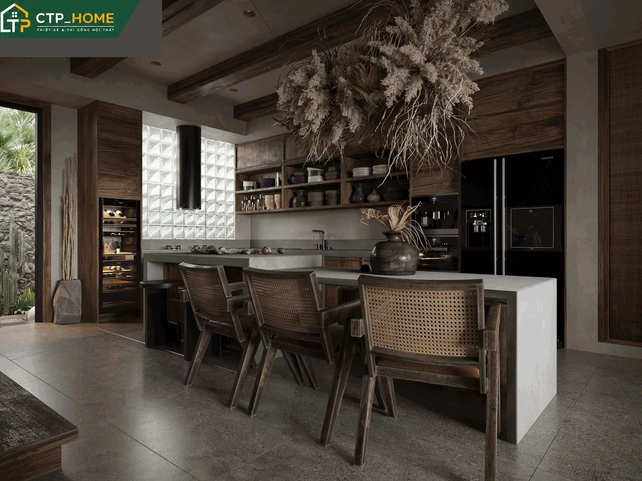 Phòng bếp nhà phố Nine South Quận 8 với tủ bếp gỗ sồi Mỹ phủ melamine chống ẩm, mặt đá Solid Surface trắng sáng