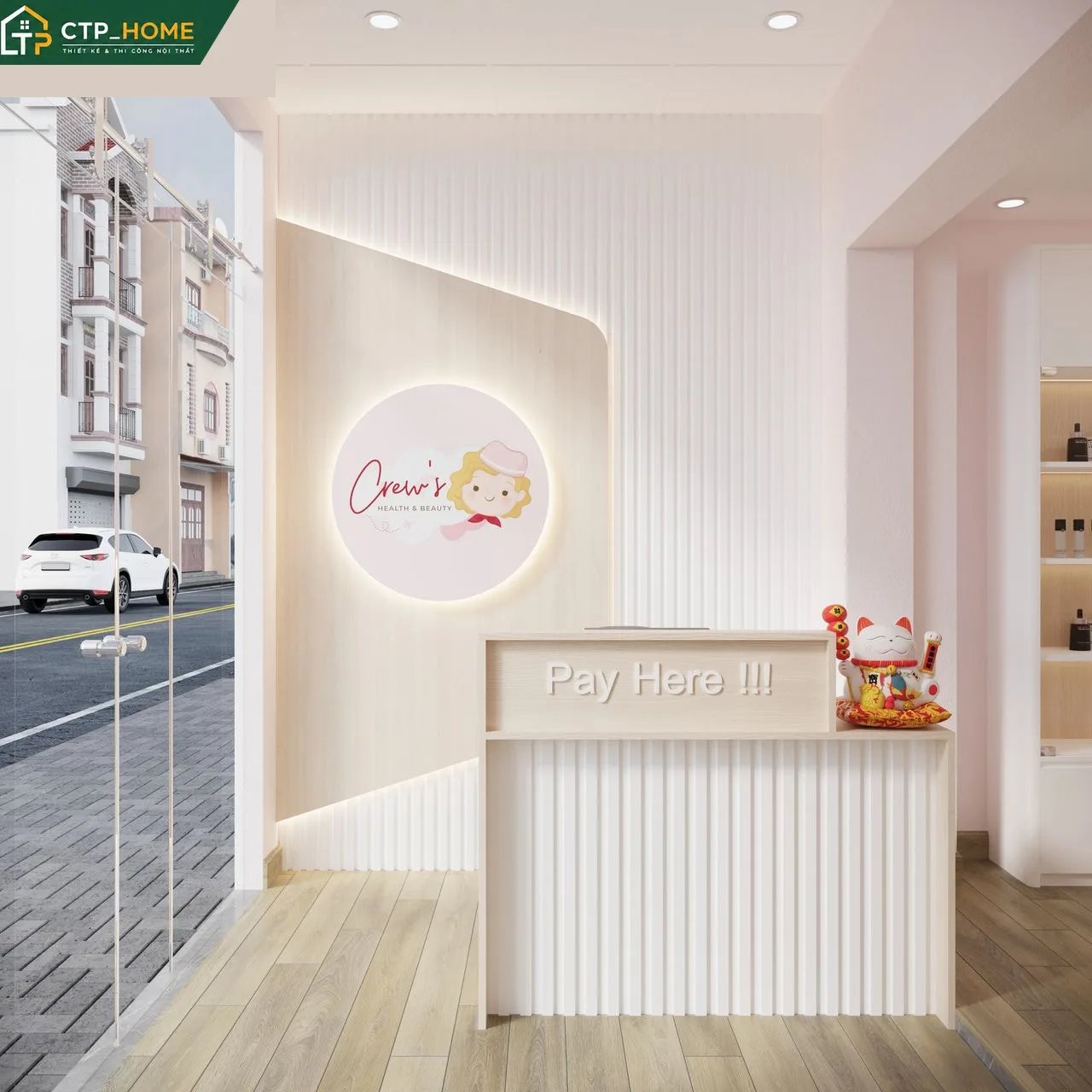 Thiết kế nội thất showroom Bình Dương Crew’s Beauty tầng trệt với quầy tiếp tân gỗ sồi kết hợp đá nhân tạo trắng sáng