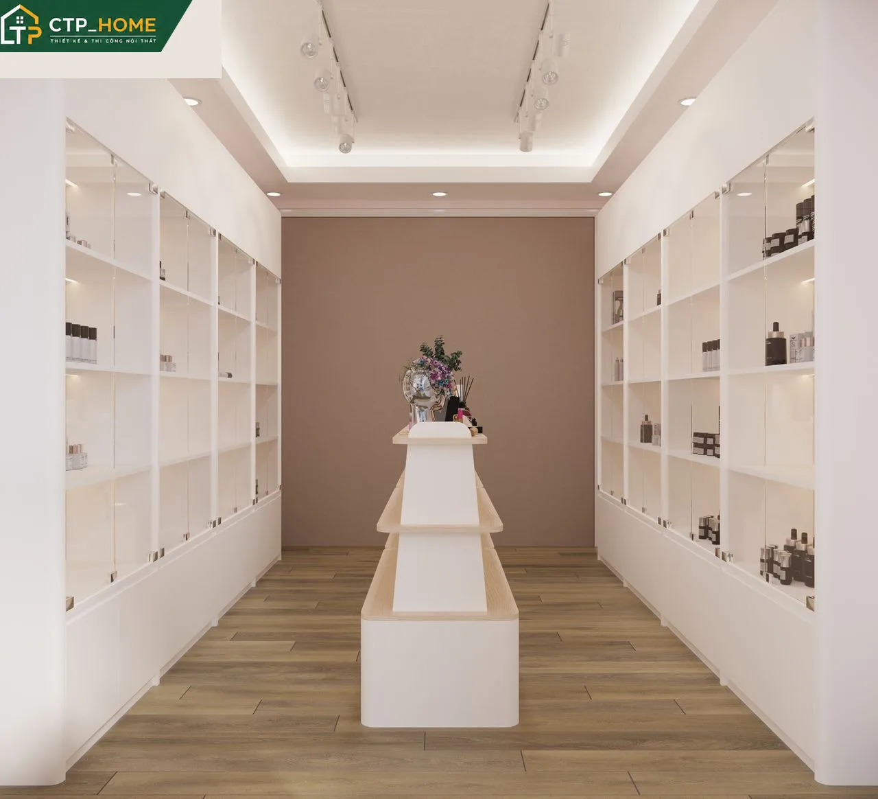 Không gian tầng 2 showroom Crew’s Beauty với cabin trị liệu riêng tư, vách gỗ – kính và hệ thống đèn âm trần điều chỉnh độ sáng