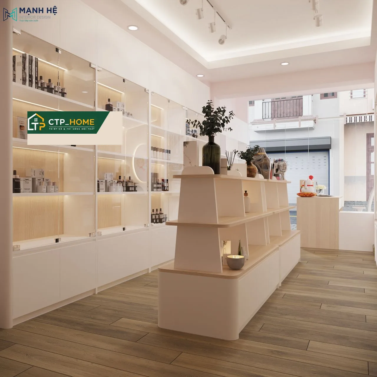 Góc thư giãn tầng 3 showroom Crew’s Beauty với sofa góc, background nghệ thuật và hệ thống đèn led đổi màu theo mood