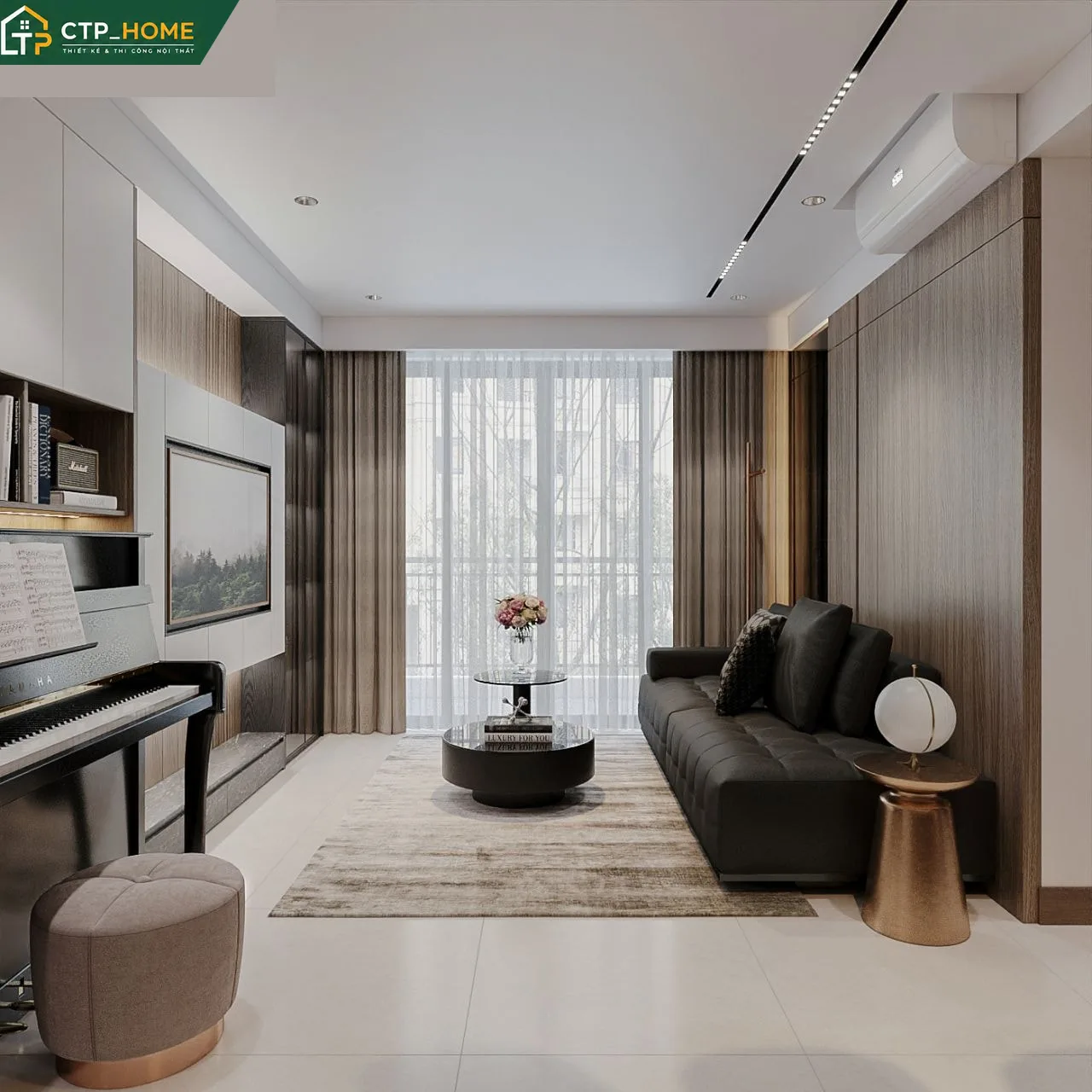 Thiết kế nội thất phòng khách chung cư One Verandah 80m2 với sofa góc da cao cấp và kệ tivi gỗ óc chó