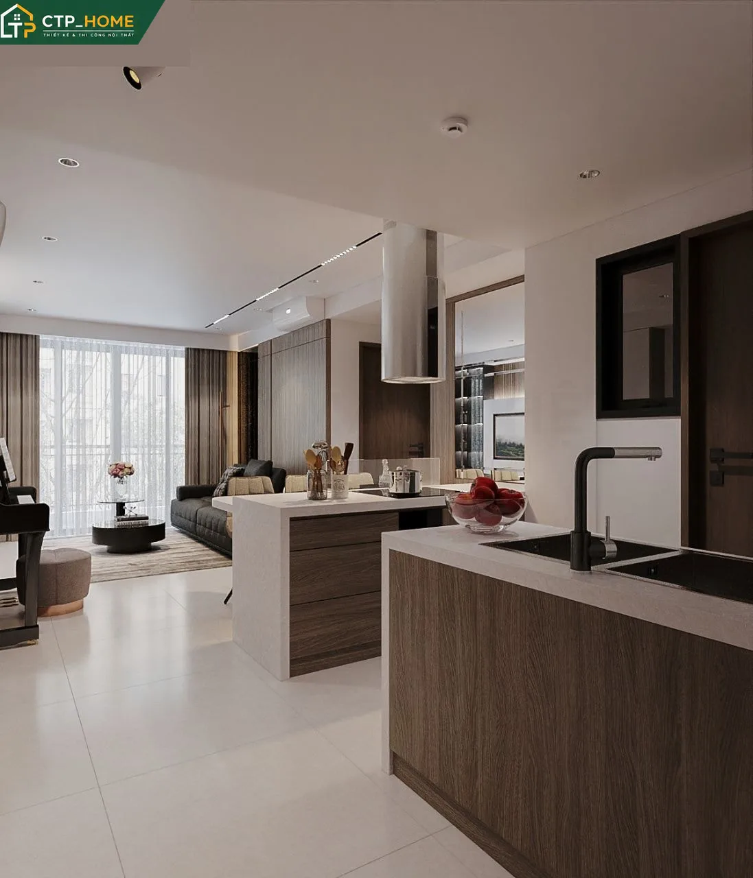 Thiết kế nội thất phòng bếp chung cư One Verandah 80m2 với tủ bếp Laminate vân gỗ và mặt đá nhân tạo Solid Surface