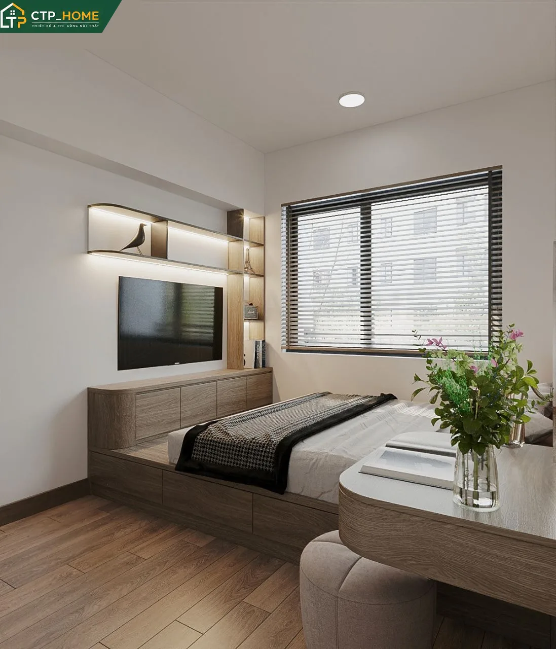Thiết kế nội thất phòng ngủ chung cư One Verandah 80m2 với giường gỗ sồi, đầu giường bọc da và hệ tủ âm tường liền kề