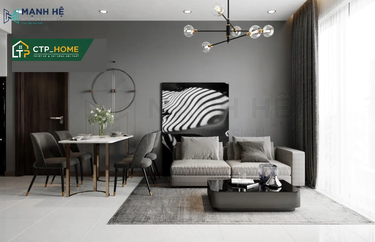 Thiết kế nội thất phòng khách chung cư One Verandah 70m2 phong cách hiện đại với sofa góc, kệ tivi gỗ sồi tự nhiên và đèn trần thả nghệ thuật