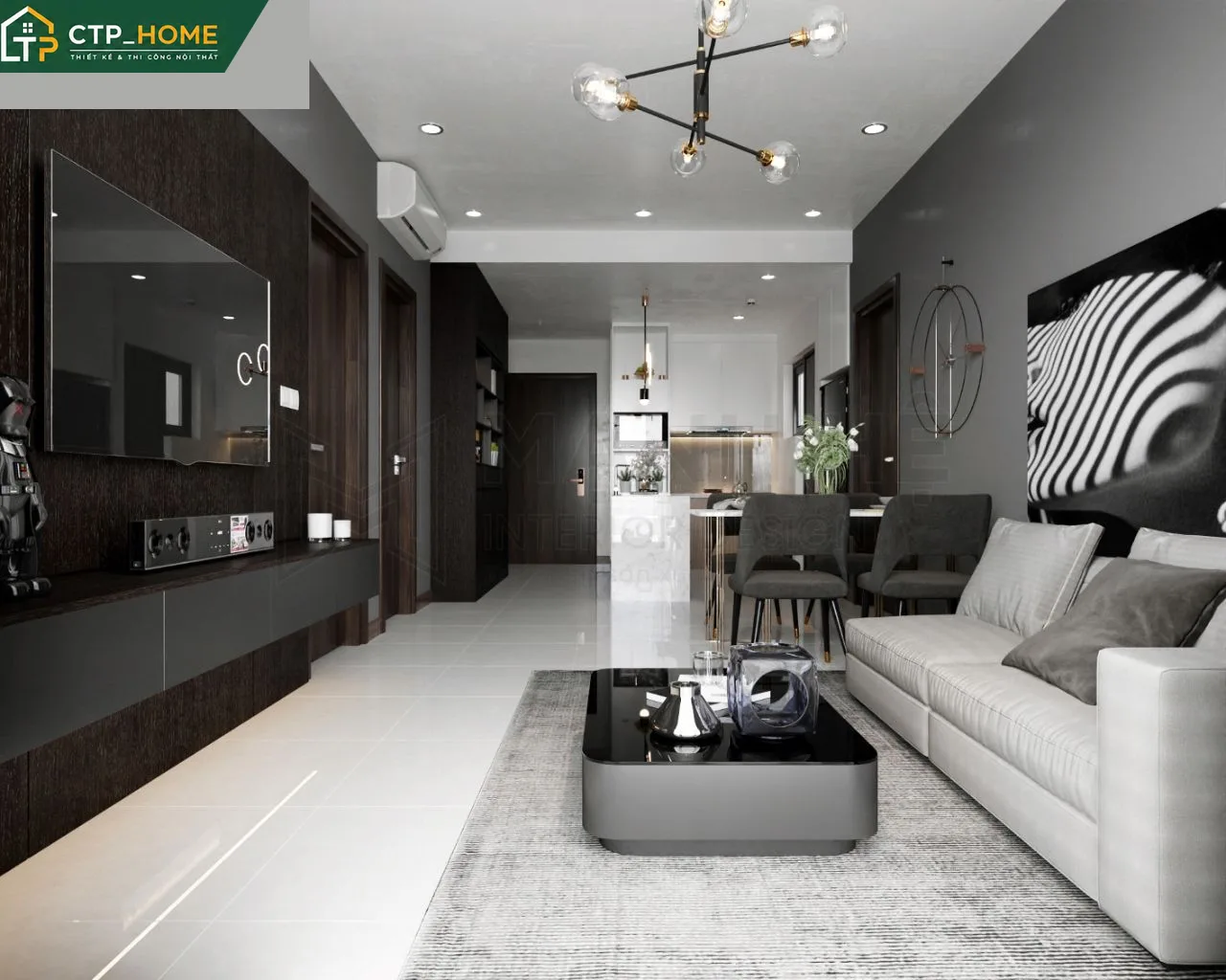 Góc bếp thiết kế nội thất One Verandah 70m2 với tủ trên dưới màu xám tro, mặt đá nhân tạo và hệ thống hút mùi âm tủ hiện đại