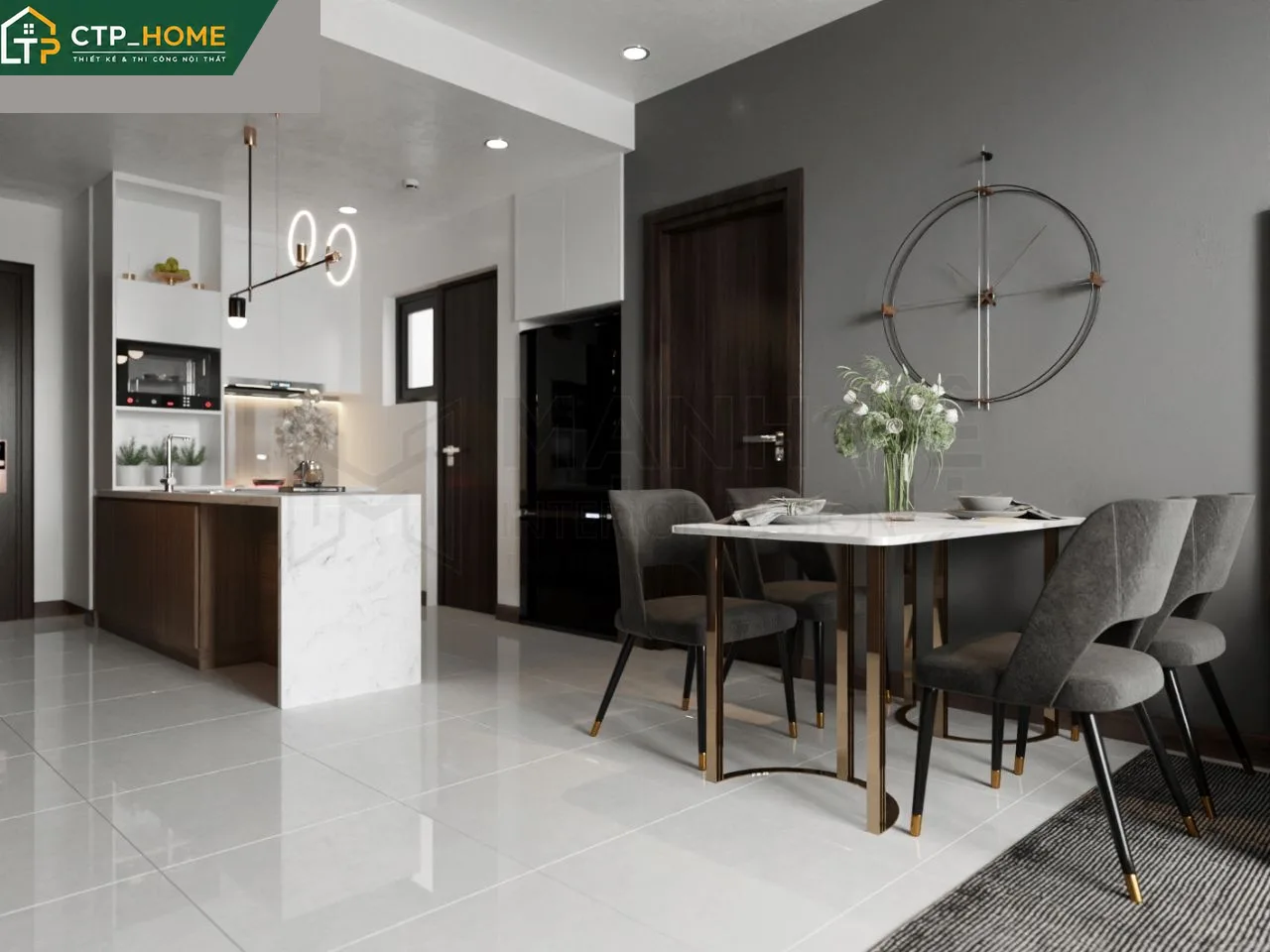 Phòng ngủ chính thiết kế nội thất One Verandah 70m2 với giường gỗ sồi, đầu giường bọc nỉ cao cấp và hệ thống đèn ngủ tích hợp cảm biến chạm