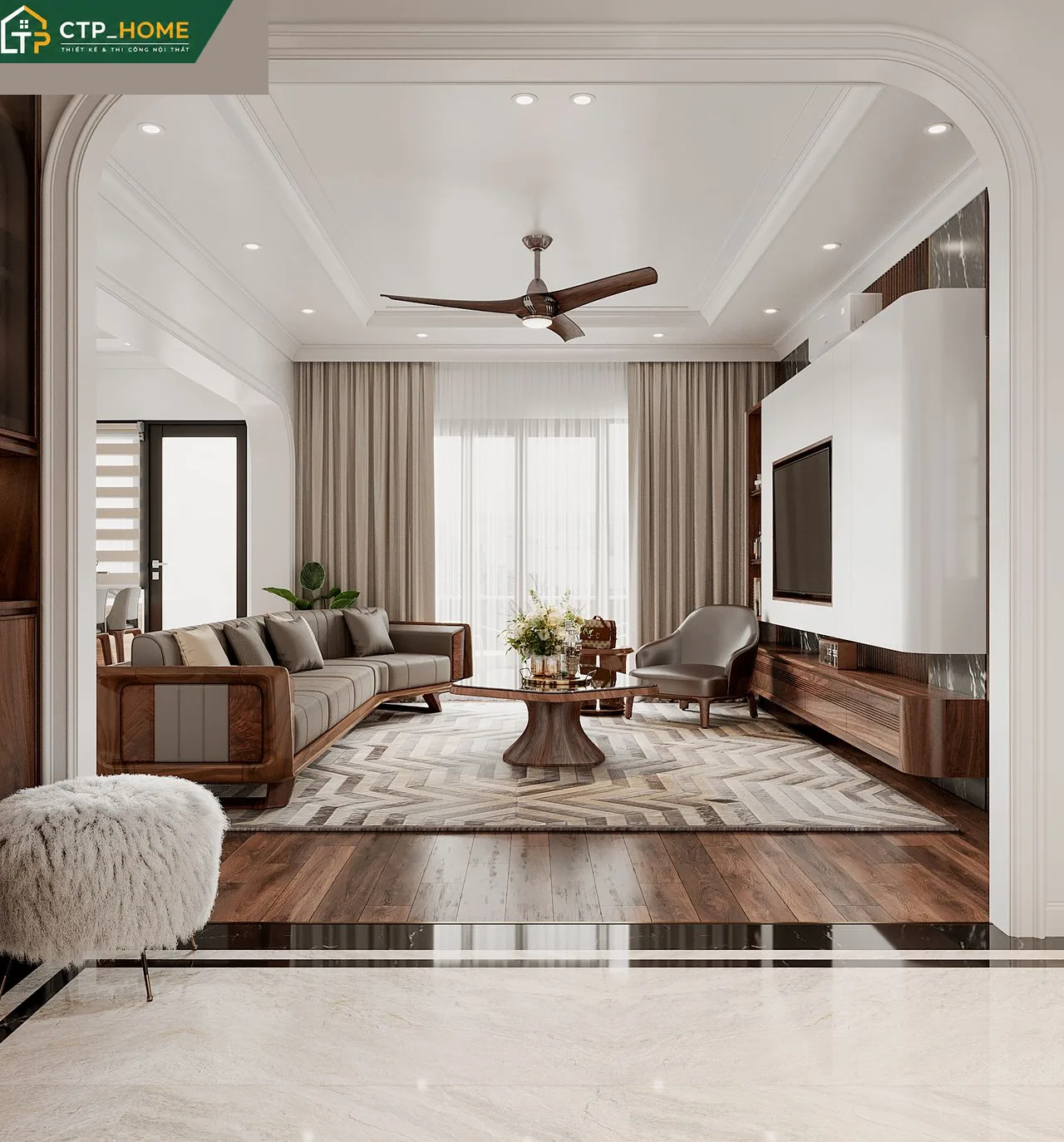 Thiết kế nội thất phòng khách chung cư Phú Đông Premier Bình Dương 133m2 với sofa da cao cấp và kệ tivi gỗ sồi tự nhiên