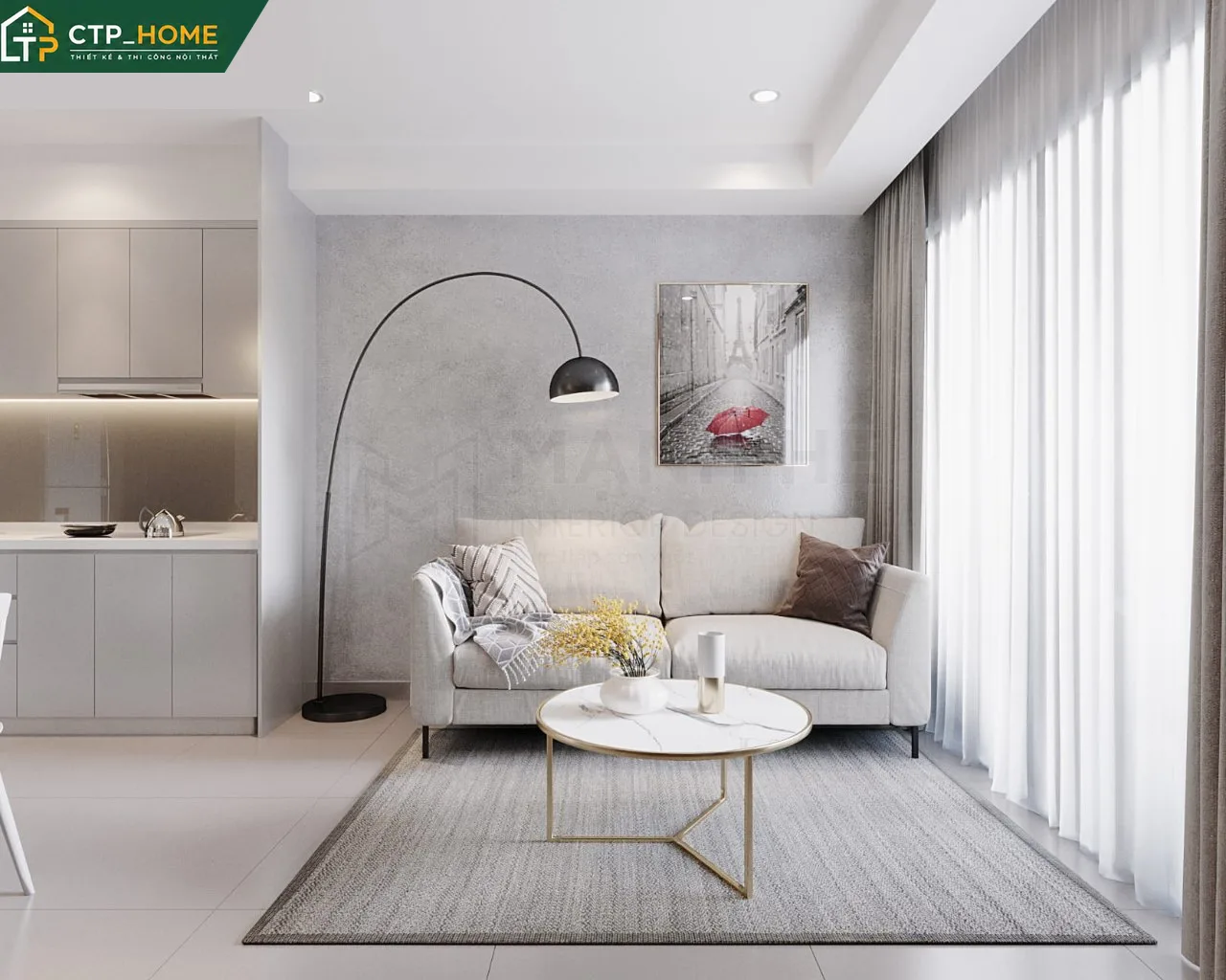 Thiết kế nội thất phòng khách chung cư River Panorama 54m2 với sofa góc và kệ tivi gỗ công nghiệp MDF phủ melamine chống trầy xước