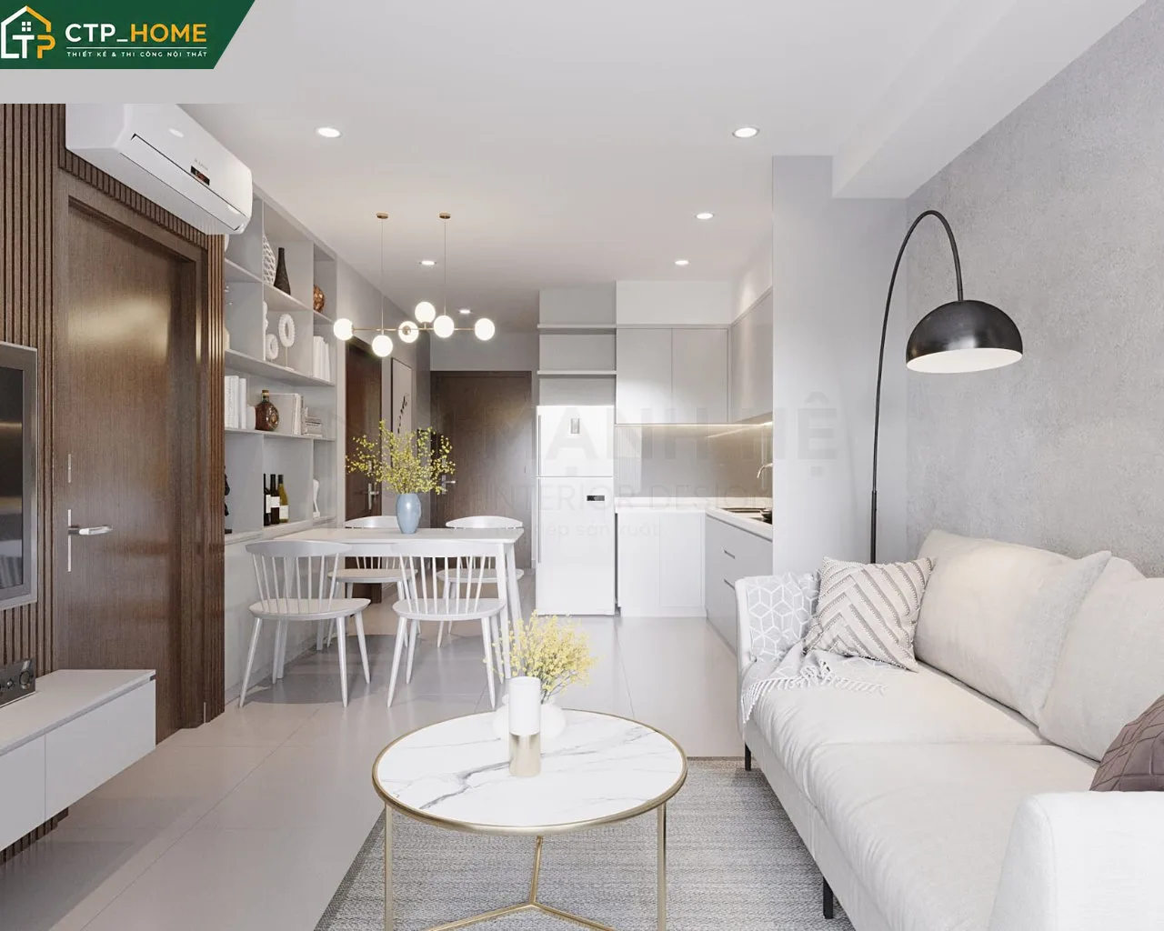 Góc bếp hiện đại chung cư River Panorama 54m2 với tủ bếp gỗ sồi Nga, mặt đá Solid Surface và thiết bị Bosch nhập khẩu
