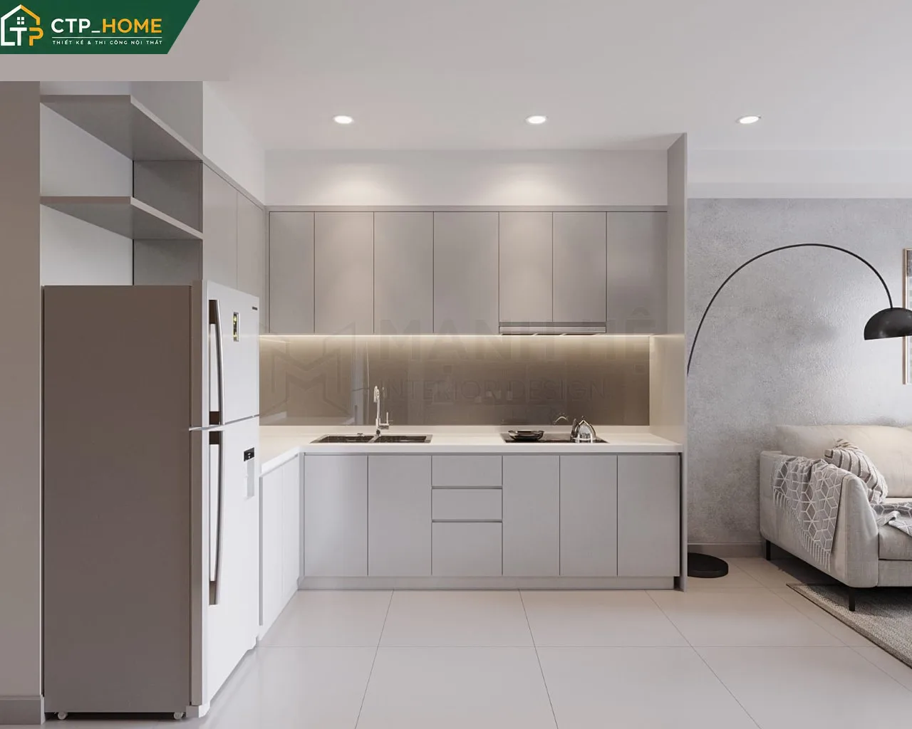 Phòng ngủ chính chung cư River Panorama 54m2 với giường gỗ óc chó, tủ âm tường chạy trần và hệ đèn chiếu sáng gián tiếp