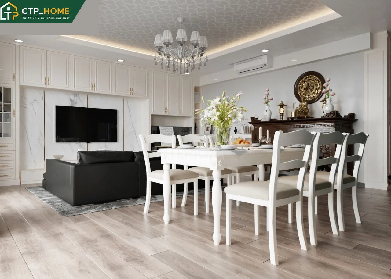 Bếp mở liền kề phòng khách Riviera Point với tủ bếp gỗ MDF phủ melamine chống ẩm