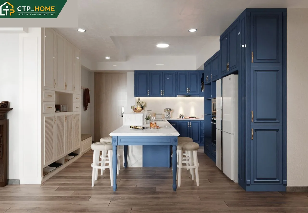 Phòng ngủ master Riviera Point 55m2 với giường gỗ tự nhiên và hệ tủ âm tường liền khối