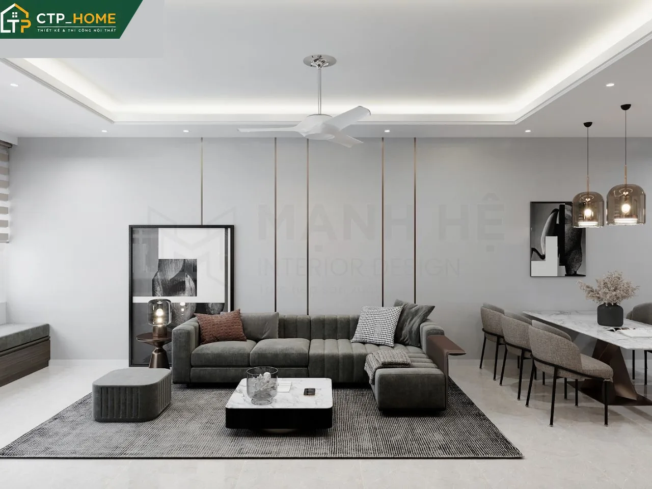Thiết kế nội thất phòng khách chung cư Saigon Pearl 115m2 với sofa da cao cấp và kệ tivi gỗ óc chó