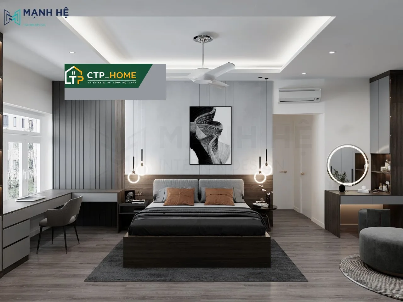 Thiết kế nội thất phòng ngủ master chung cư Saigon Pearl 115m2 với giường gỗ óc chó và hệ thống đèn led âm trần
