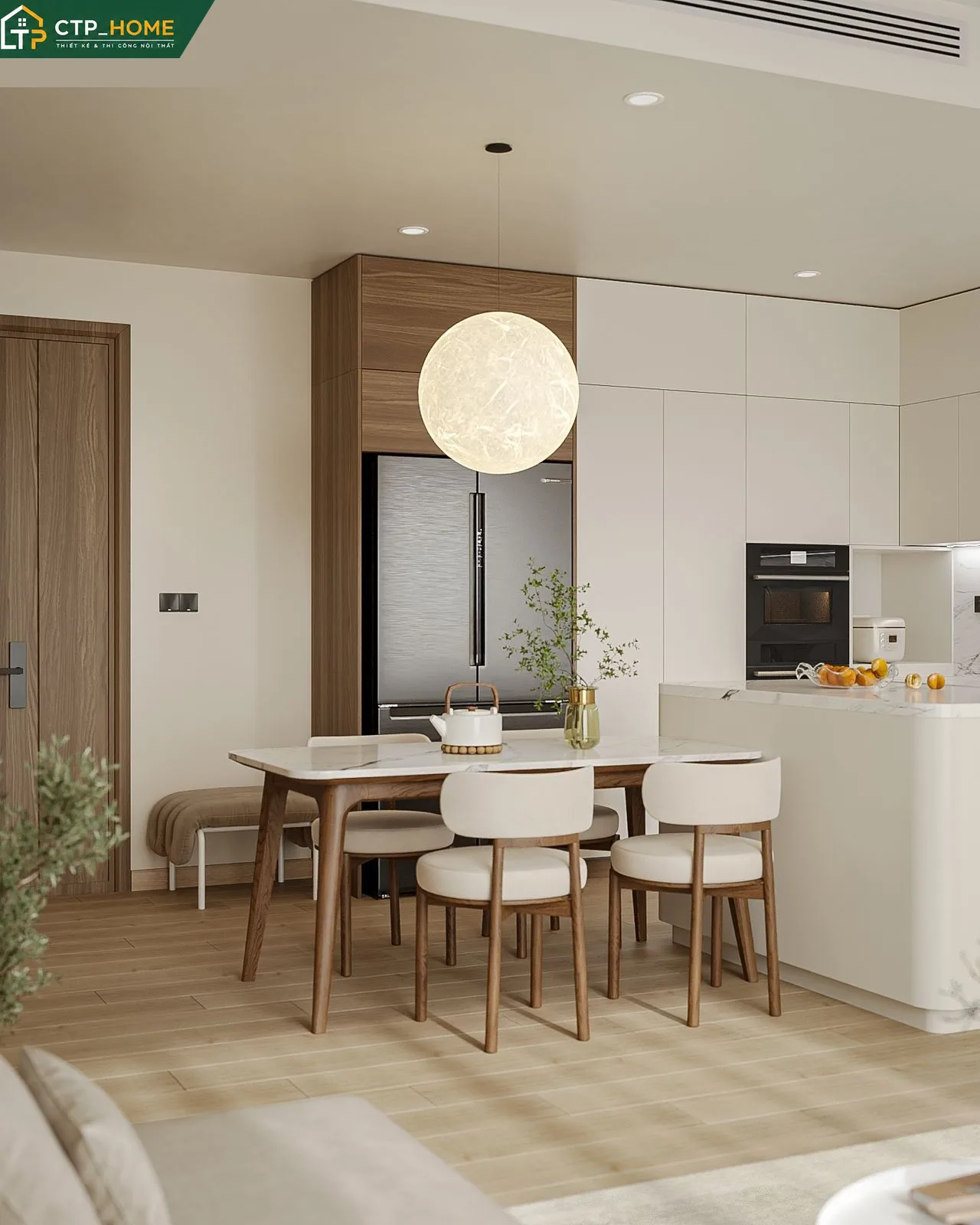 Khu vực bếp và bàn ăn liên thông trong căn hộ Sarina