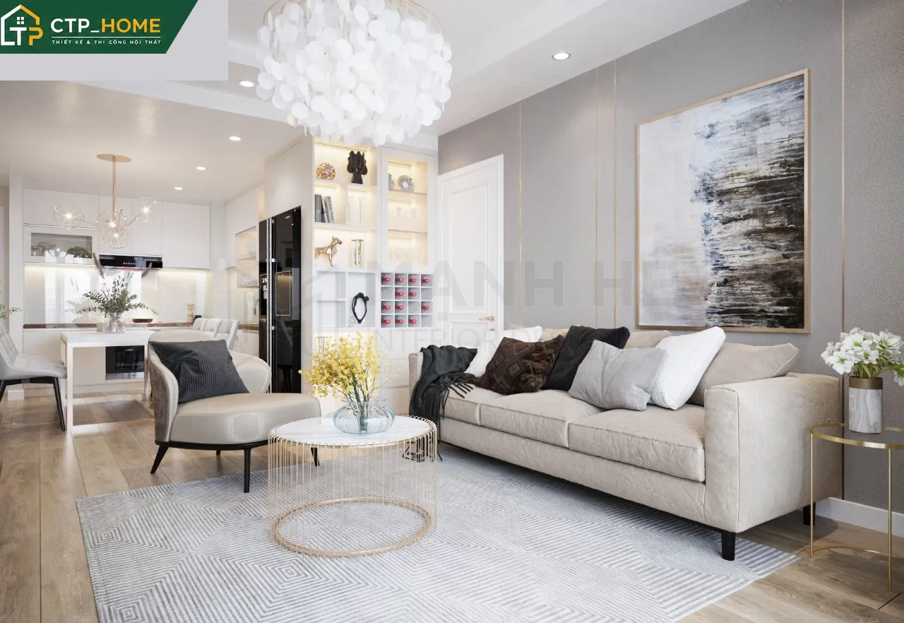Thiết kế nội thất phòng khách chung cư Screc Tower 76m2 với sofa góc gỗ sồi và kệ tivi tối giản
