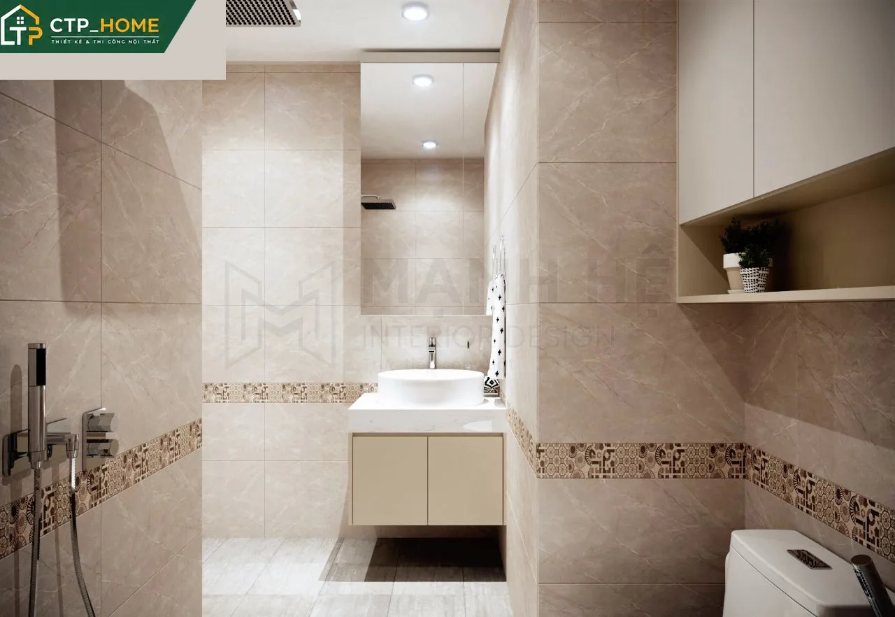 Phòng ngủ chính chung cư Screc Tower 76m2 với giường gỗ sồi, đầu giường bọc nỉ và hệ tủ âm tường tích hợp gương