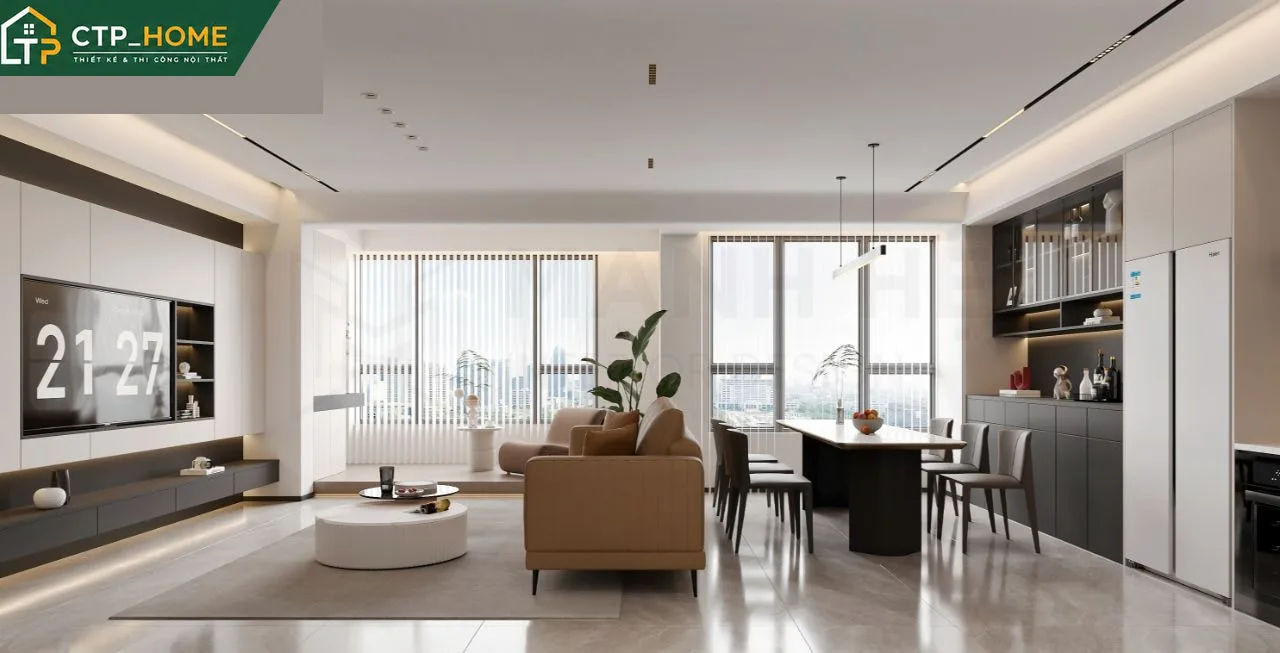 Phòng khách chung cư Sky Center 135m2 thiết kế hiện đại với sofa da cao cấp và kệ tivi gỗ óc chó