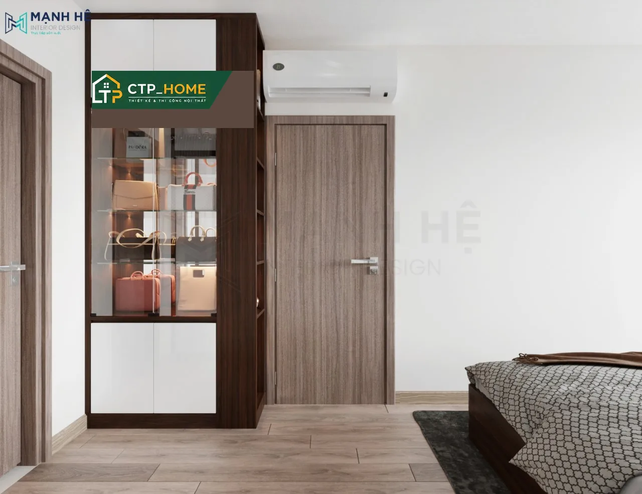 Phòng ngủ chính chung cư Sora Garden 2 thiết kế nội thất 84m2 với hệ tủ âm tường và ánh sáng dịu
