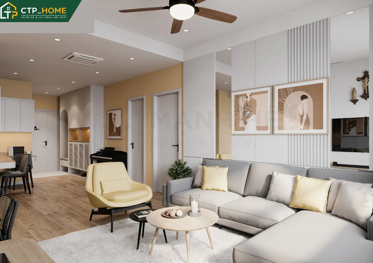 Phối cảnh phòng khách chung cư Sunrise Riverside 72m2 với sofa góc gỗ sồi và kệ tivi tối giản