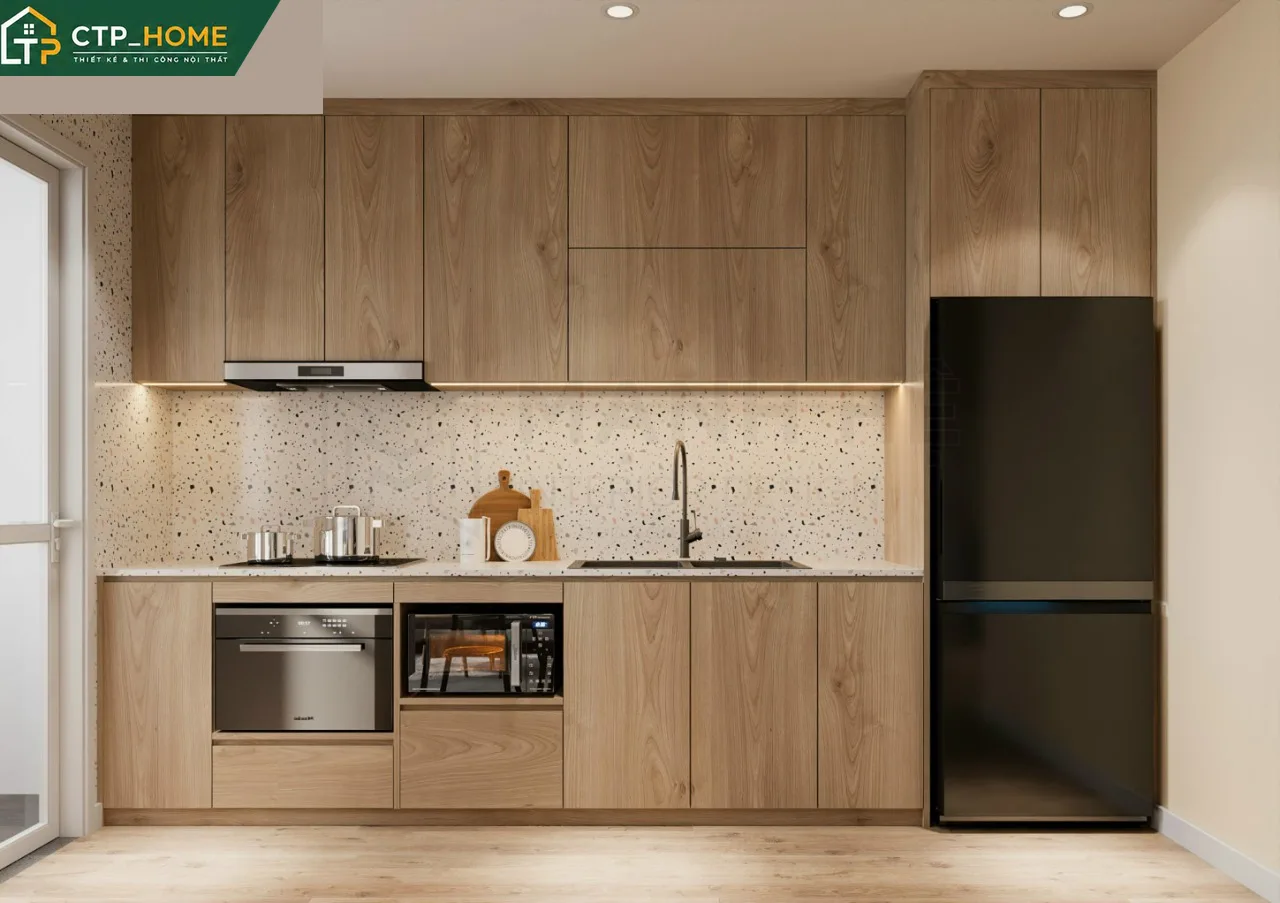Góc bếp chung cư Sunrise Riverside 72m2 với tủ bếp gỗ MDF phủ melamine, mặt đá nhân tạo Solid Surface và thiết bị nhà bếp cao cấp