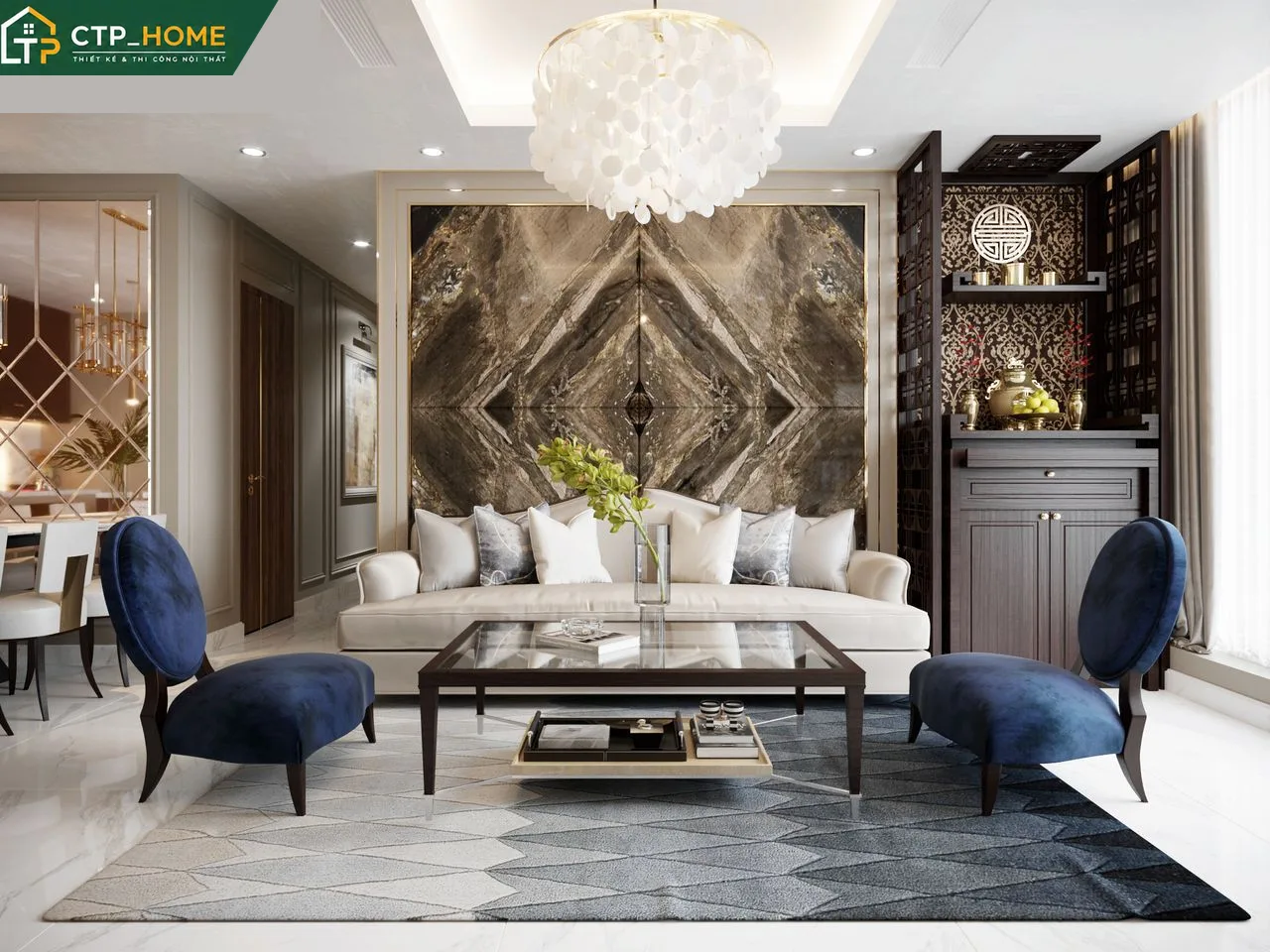 Thiết kế nội thất phòng khách chung cư Sunwah Pearl 123m2 với tone xám – be tinh tế và sofa da cao cấp