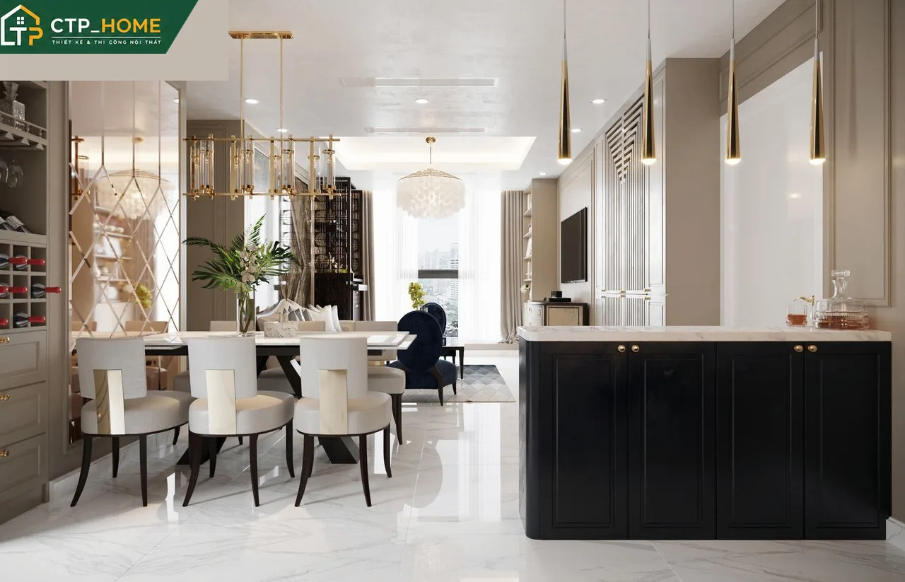 Thiết kế nội thất phòng bếp chung cư Sunwah Pearl 123m2 với tủ bếp chữ L và thiết bị thông minh tích hợp