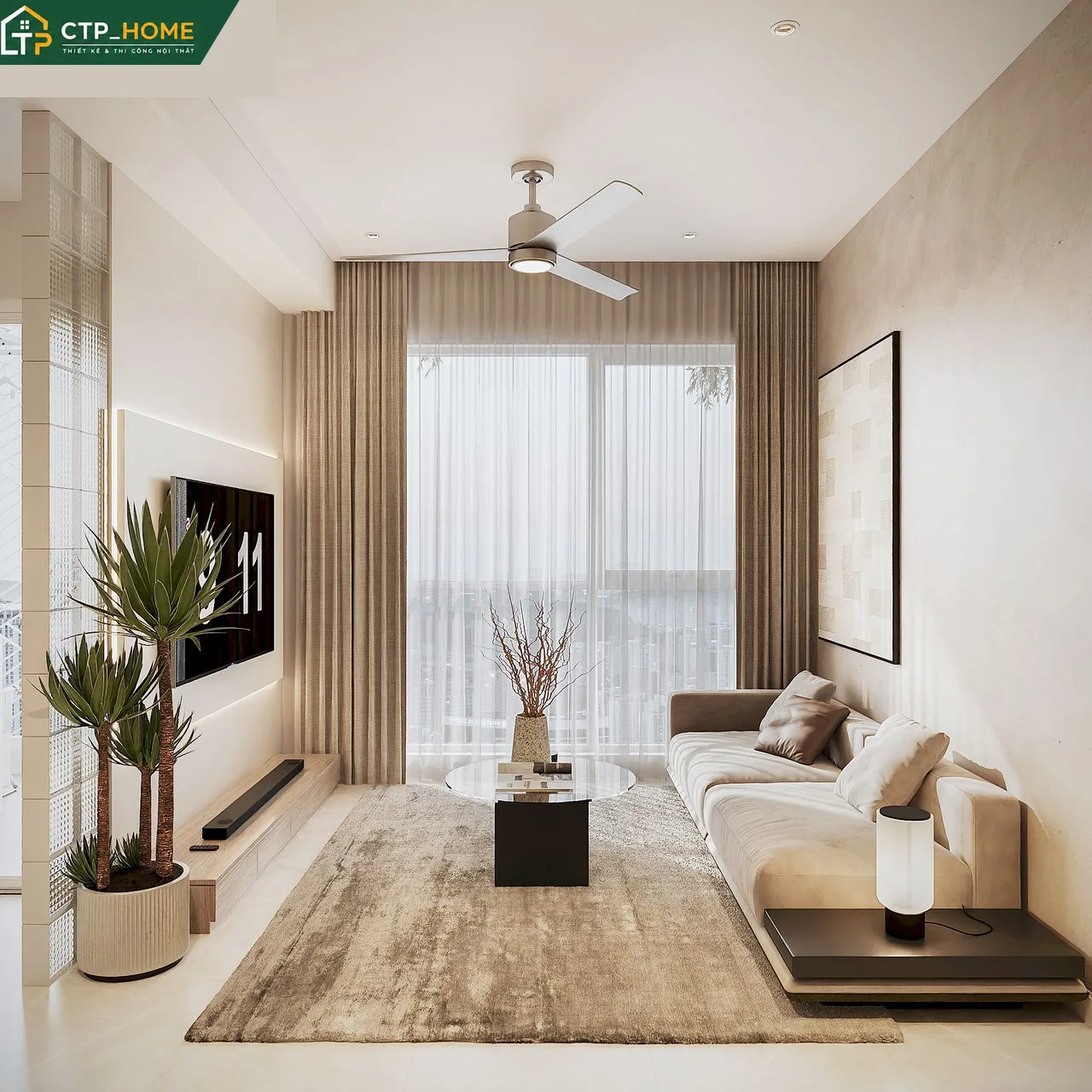 Tổng quan không gian phòng khách chung cư The Golden Star 69m2 thiết kế hiện đại