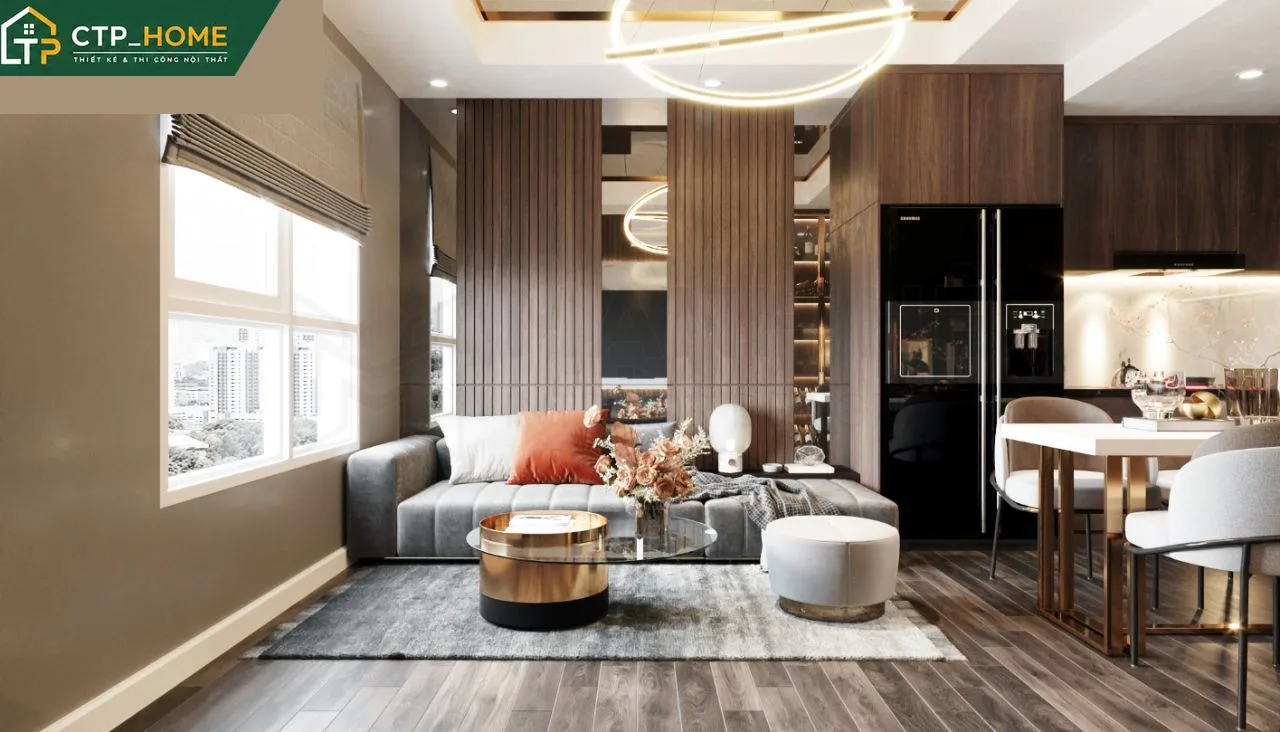 Thiết kế nội thất phòng khách chung cư The Manor 2 81m2 với sofa góc gỗ sồi và kệ tivi âm tường