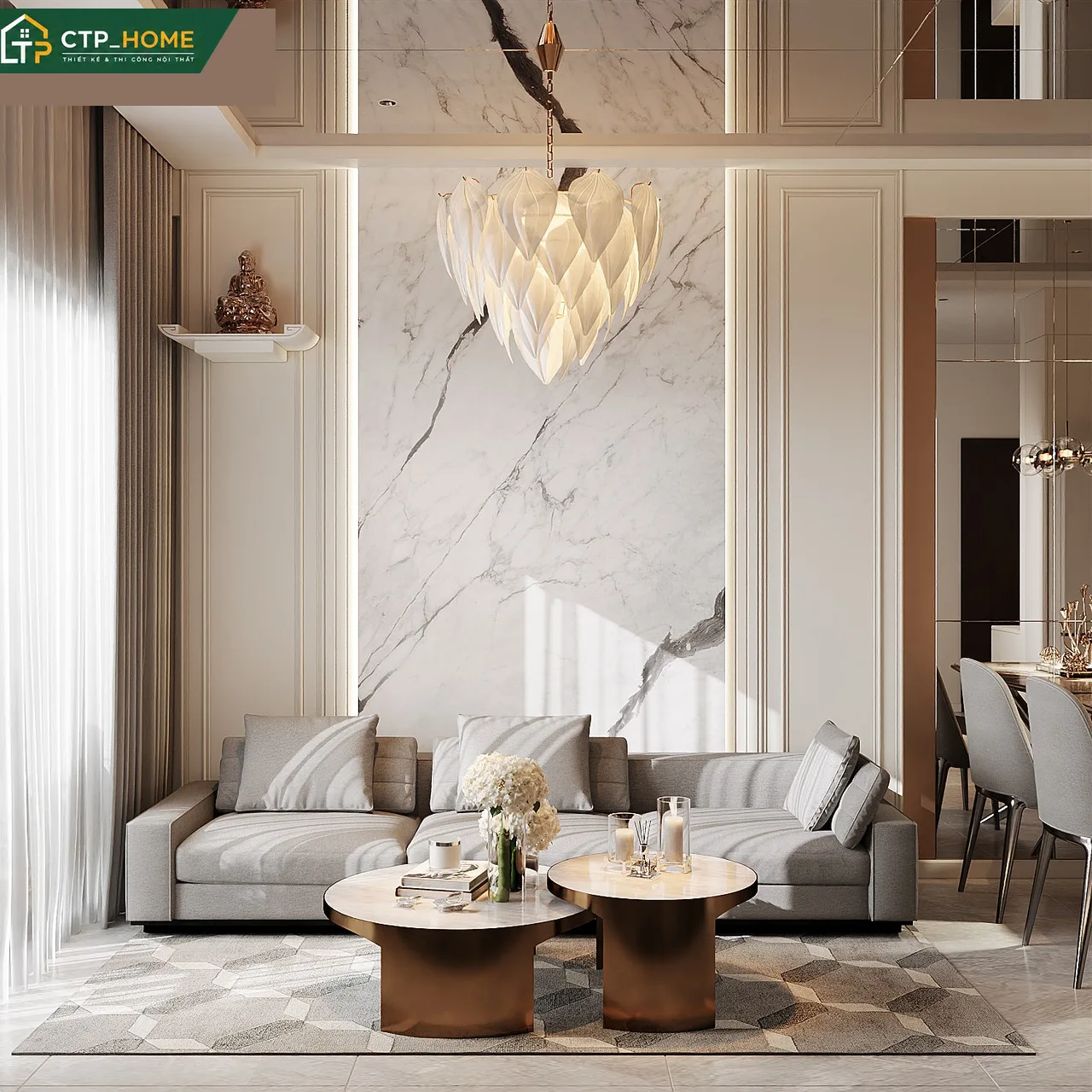 Thiết kế nội thất phòng khách chung cư The Privia Khang Điền 71m2 với sofa góc gỗ sồi và kệ tivi tối giản