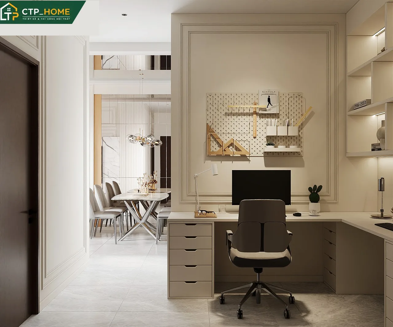 Phòng ngủ chính chung cư The Privia Khang Điền 71m2 với đầu giường ốp gỗ và hệ tủ âm tường hiện đại