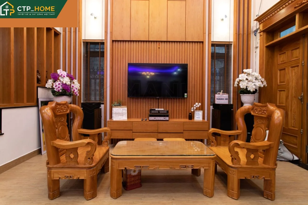 Phòng khách nhà phố Tân Bình thiết kế hiện đại tối giản