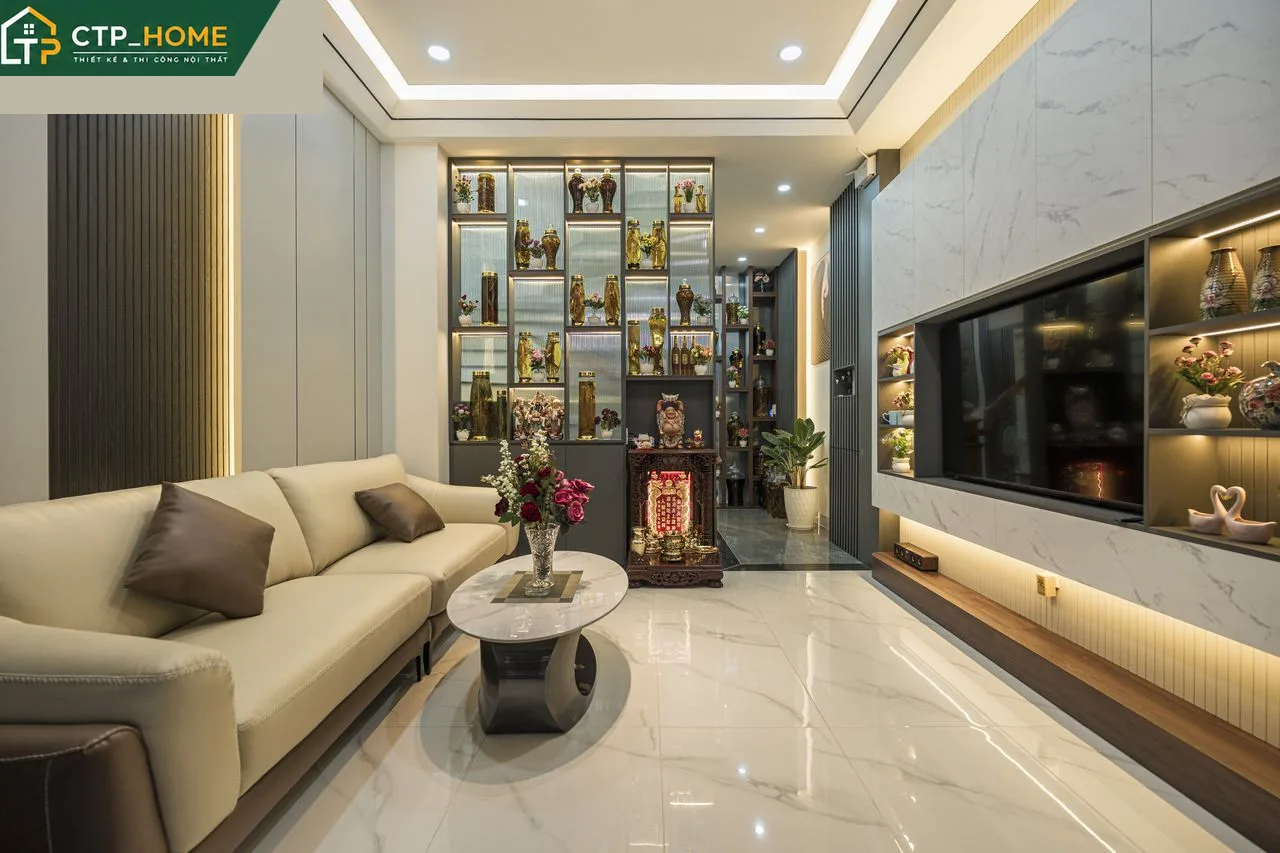 Không gian phòng khách nhà phố Bình Tân thiết kế hiện đại