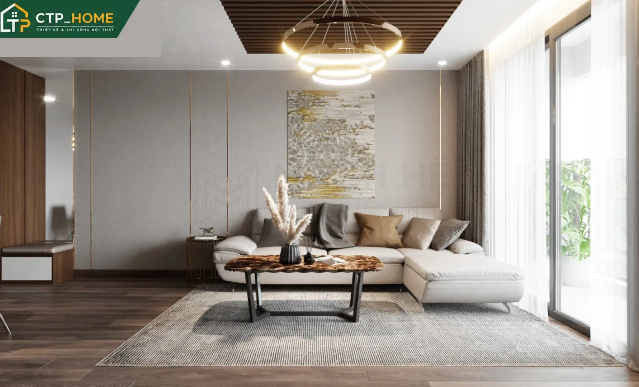 Thiết kế nội thất phòng khách chung cư Akari City 97m2 hiện đại với sofa da cao cấp và kệ tivi gỗ sồi trắng