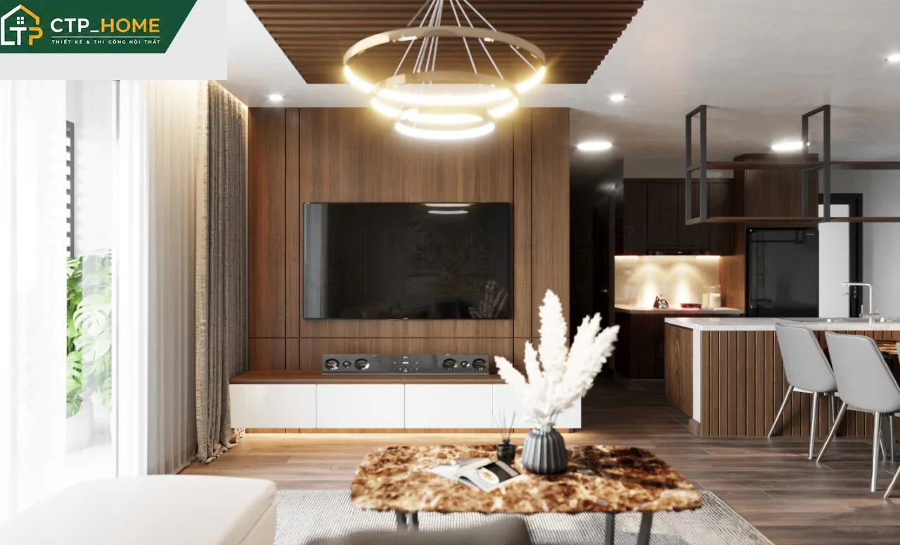 Thiết kế nội thất phòng bếp chung cư Akari City 97m2 với tủ bếp gỗ sồi trắng và mặt đá nhân tạo cao cấp