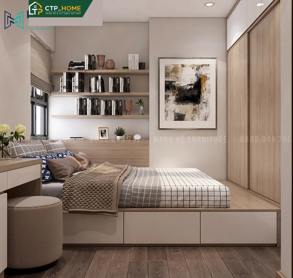 Phòng ngủ chính thiết kế nội thất chung cư Charmington LaPointe 45m2 với giường gỗ, tủ âm tường và hệ đèn LED điều chỉnh độ sáng