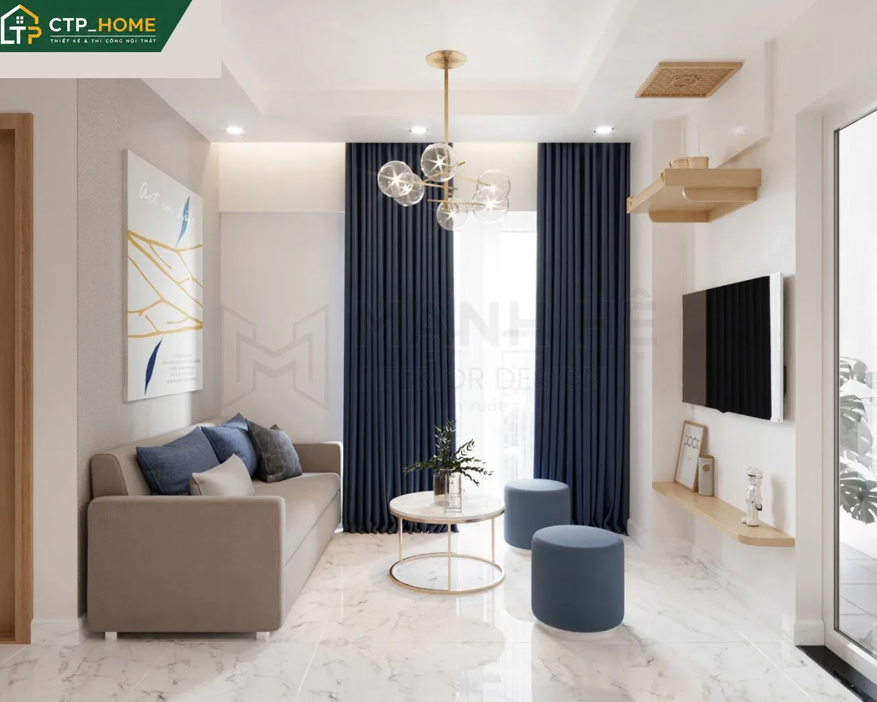 Thiết kế nội thất chung cư Conic Riverside 50m2 – Phòng khách mở kết nối bếp và ban công