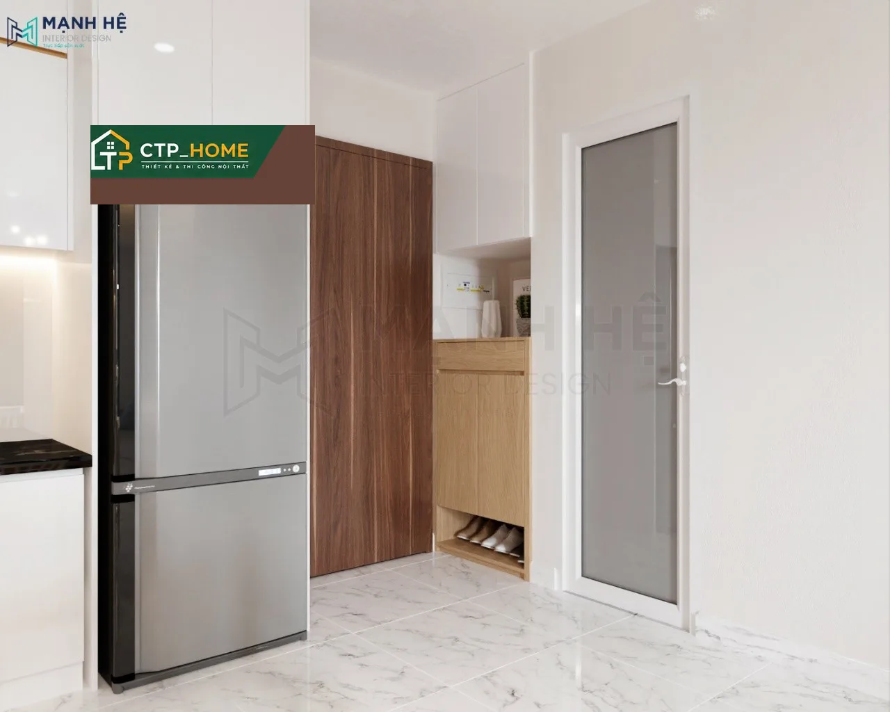 Thiết kế nội thất chung cư Conic Riverside 50m2 – Phòng ngủ chính với hệ tủ âm tường và giường tích hợp lưu trữ