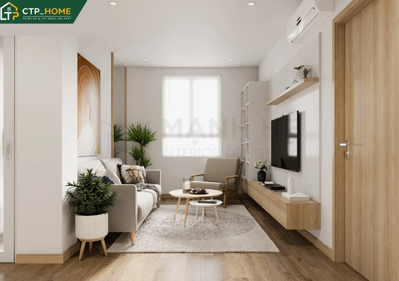 Thiết kế nội thất phòng khách chung cư One Verandah 49m2 với gam màu trung tính và nội thất đa năng