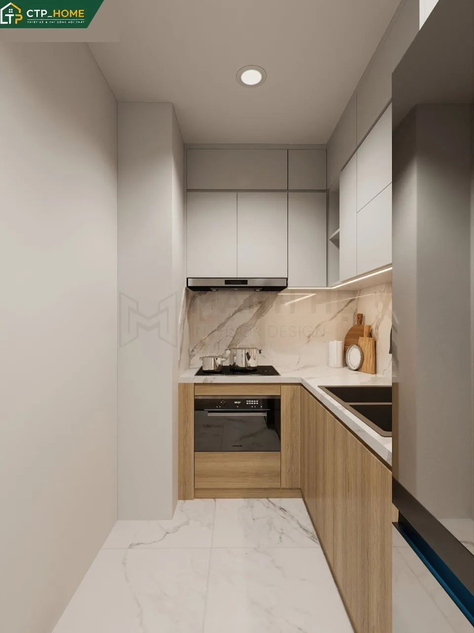Phòng ngủ chung cư One Verandah 49m2 với giường tích hợp ngăn kéo và hệ đèn LED giấu trần