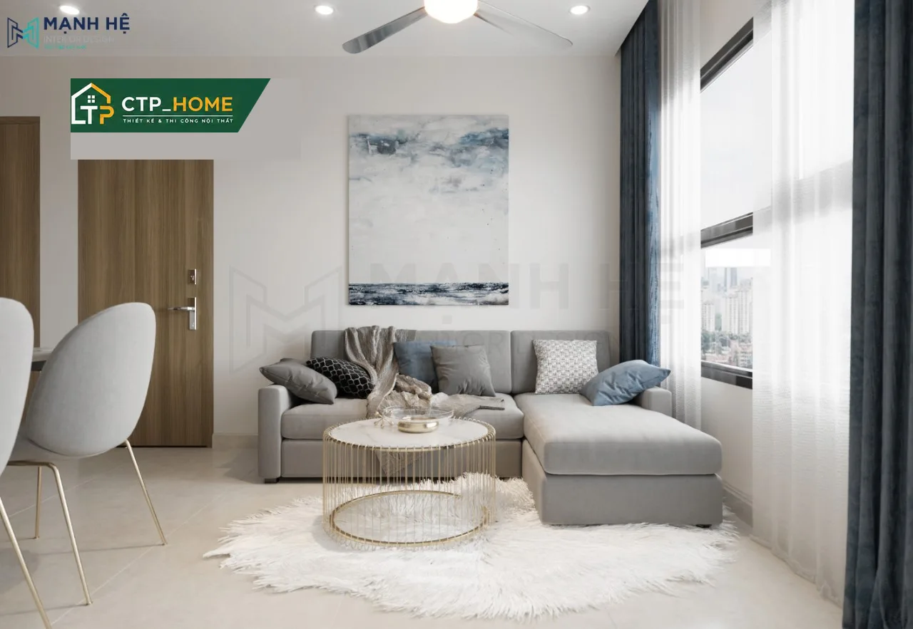 Thiết kế nội thất phòng khách chung cư Vinhomes Grand Park 2BR 59m2 hiện đại với sofa góc và kệ tivi âm tường
