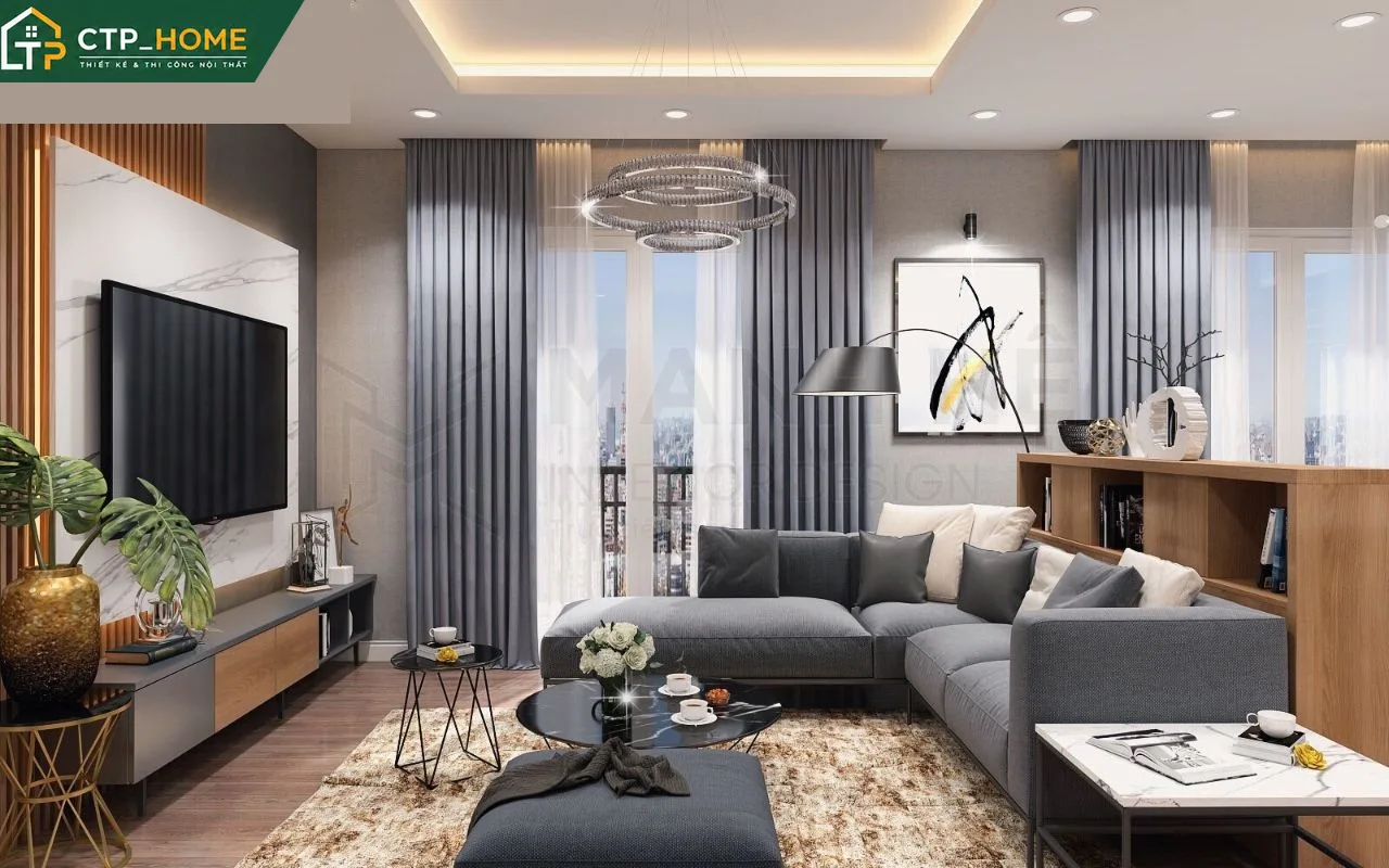 Phối cảnh phòng khách chung cư Lavita Charm 68m2 với sofa góc gỗ sồi và kệ tivi âm tường