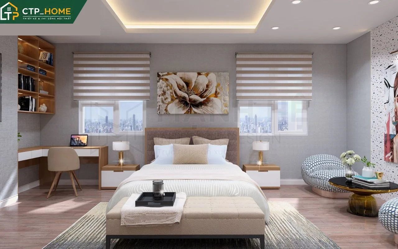 Phòng ngủ chính chung cư Lavita Charm 68m2 với đầu giường bọc da và tủ quần áo cánh lùa