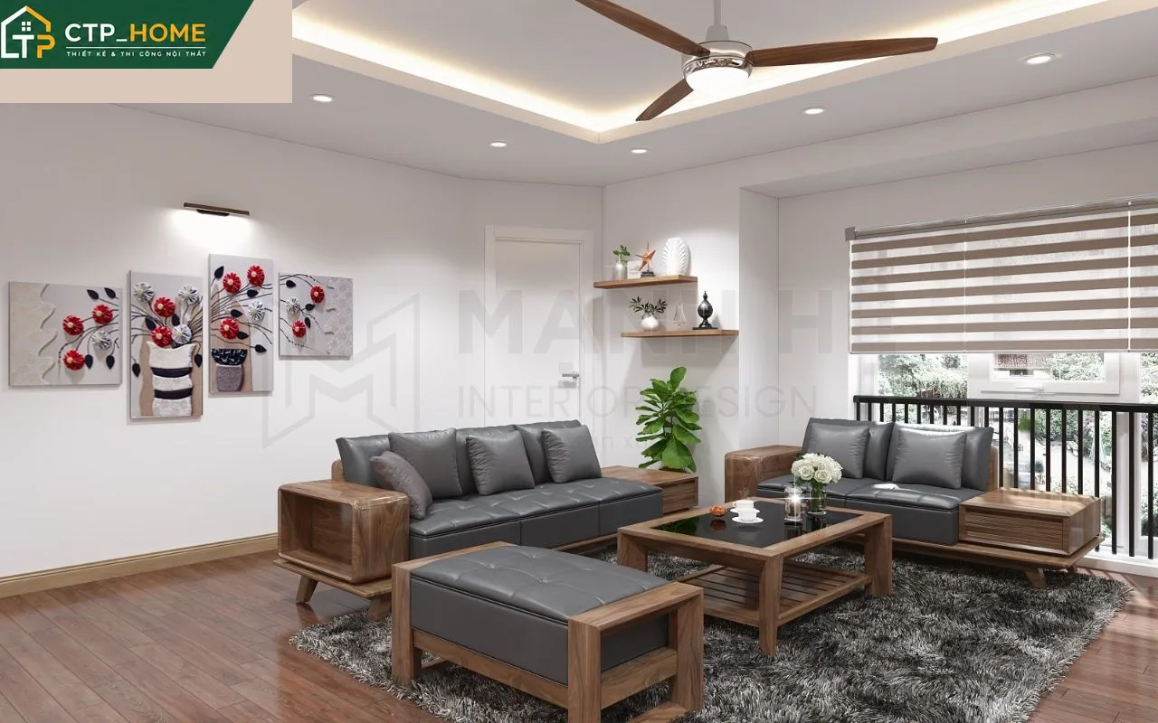 Phòng khách chung cư Richmond City 70m2 thiết kế hiện đại với sofa góc, kệ tivi gỗ óc chó và ánh sáng gián tiếp
