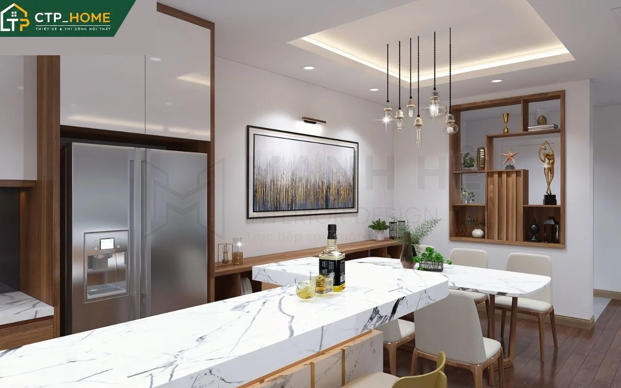 Phòng bếp chung cư Richmond City 70m2 với tủ bếp gỗ óc chó, mặt đá nhân tạo và hệ thống đèn led chiếu sáng chuyên biệt