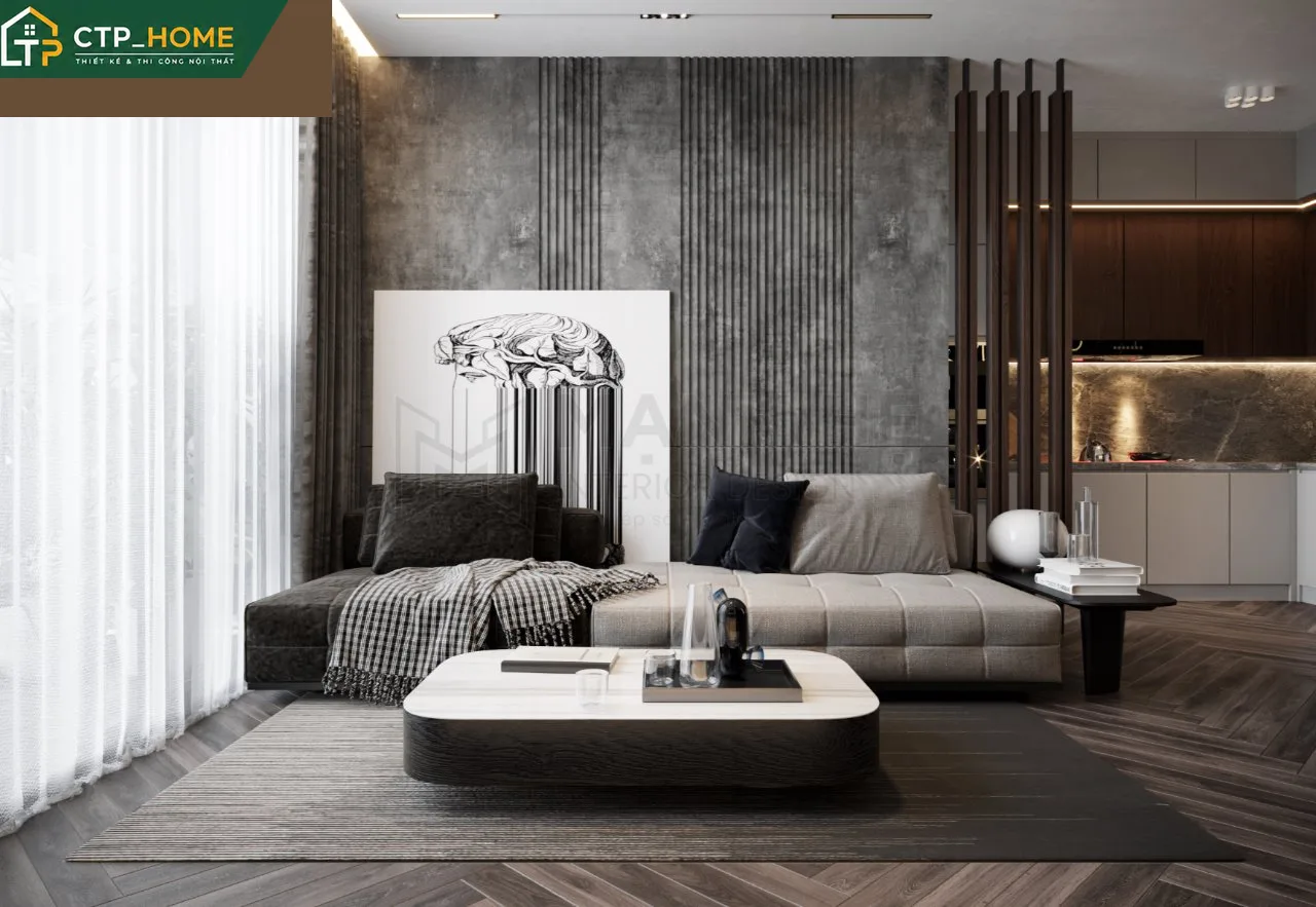 Thiết kế nội thất phòng khách chung cư Eco Green 67m2 với sofa góc gỗ óc chó và kệ tivi âm tường