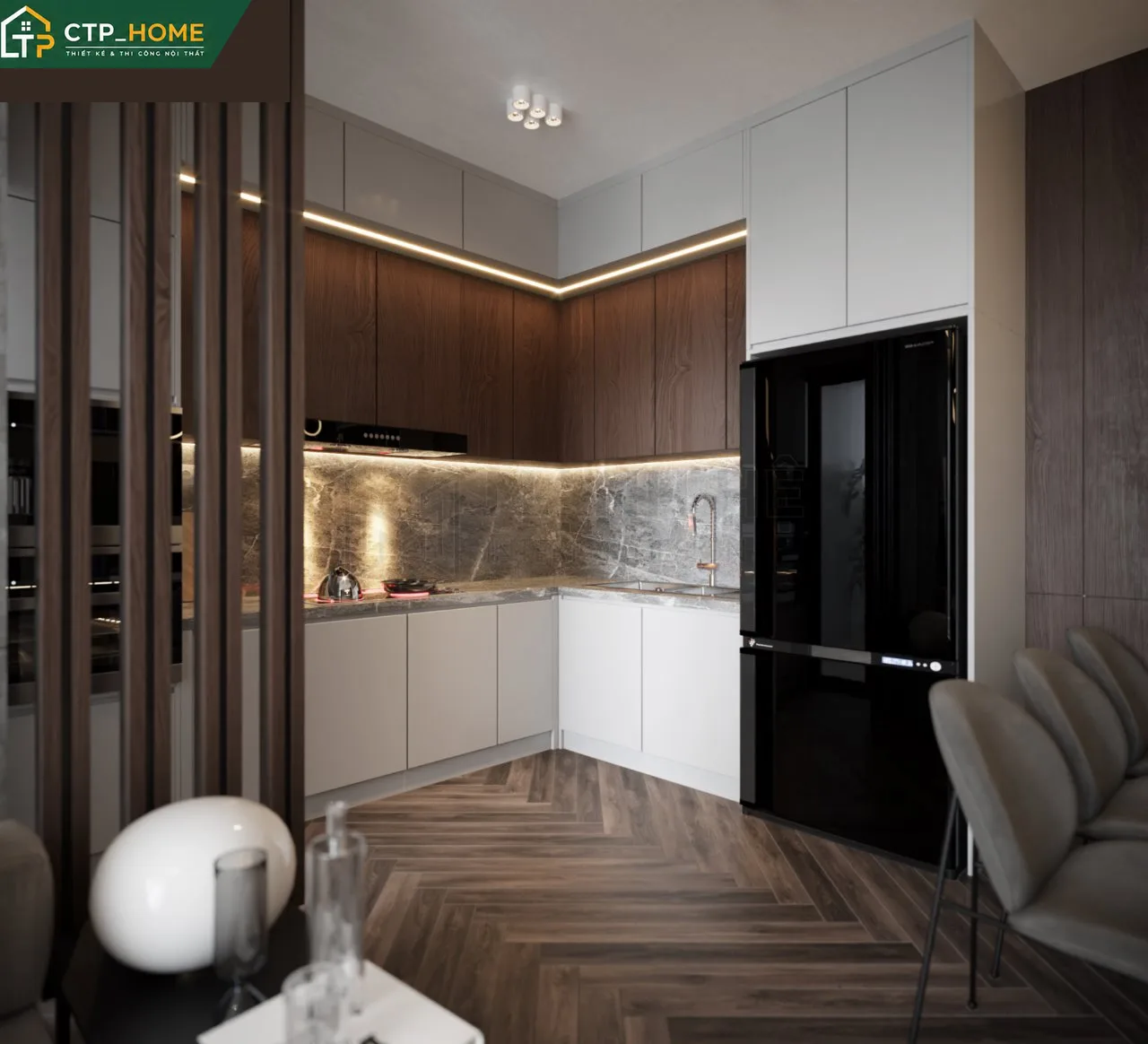 Thiết kế nội thất phòng ngủ master chung cư Eco Green 67m2 với giường gỗ óc chó và tủ đầu giường tích hợp đèn LED