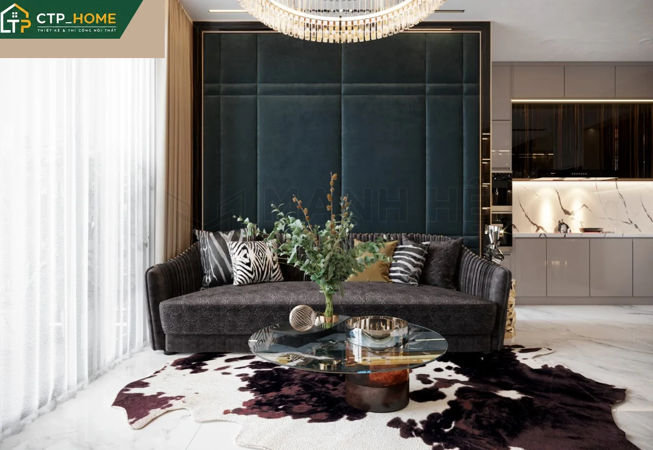 Thiết kế nội thất chung cư Eco Green 67m2 phòng khách hiện đại với tone xám – be – gỗ óc chó