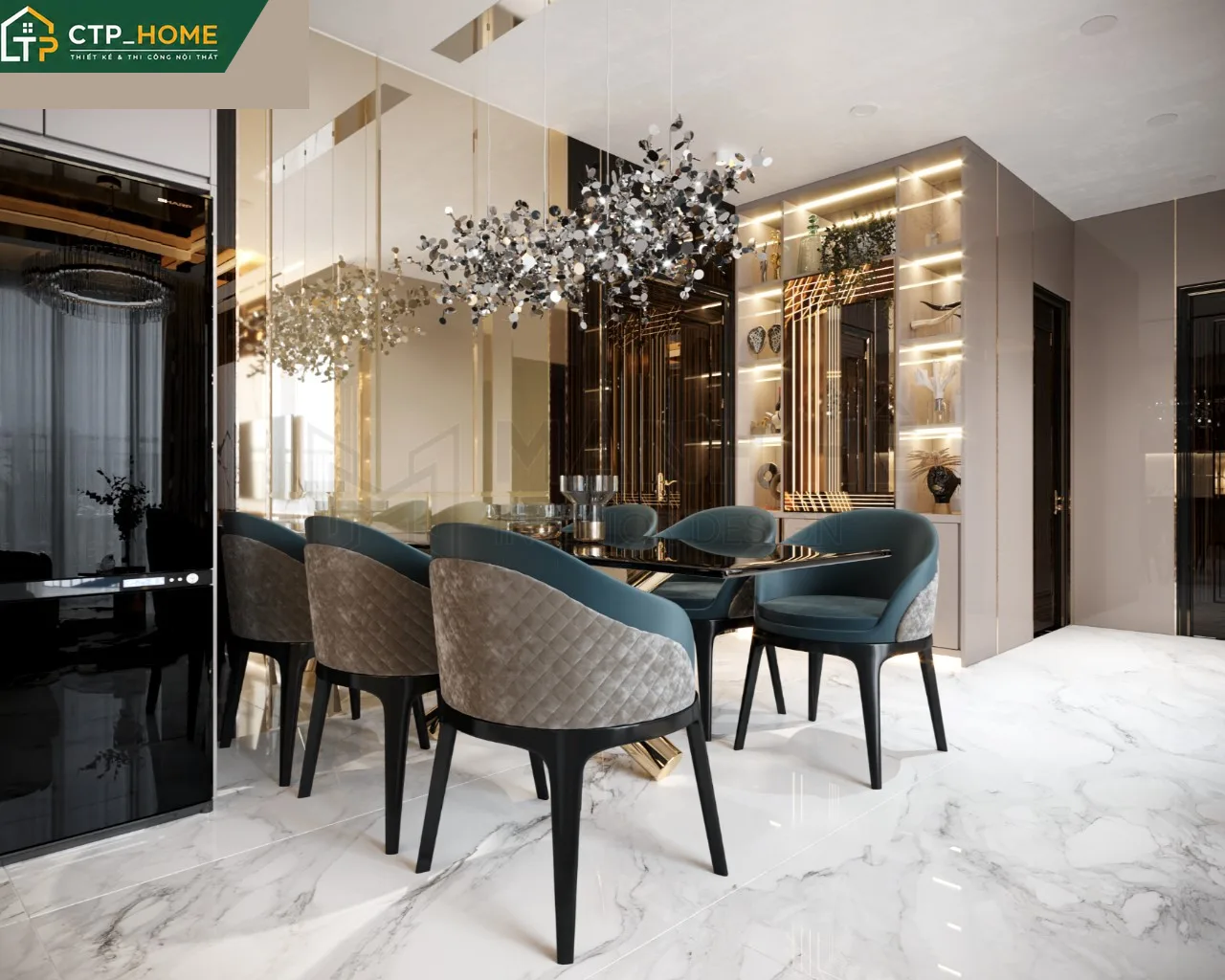 Thiết kế nội thất phòng ngủ chính chung cư Eco Green 67m2 với giường gỗ óc chó và hệ tủ âm tường tích hợp đèn LED