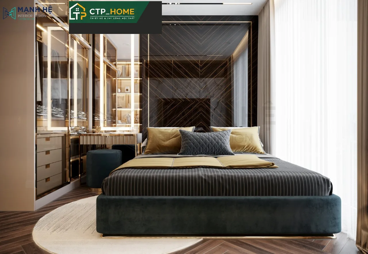 Thiết kế nội thất chung cư Eco Green 67m2 góc làm việc nhỏ gọn trong phòng ngủ phụ với bàn gỗ sồi và ghế xoay bọc da